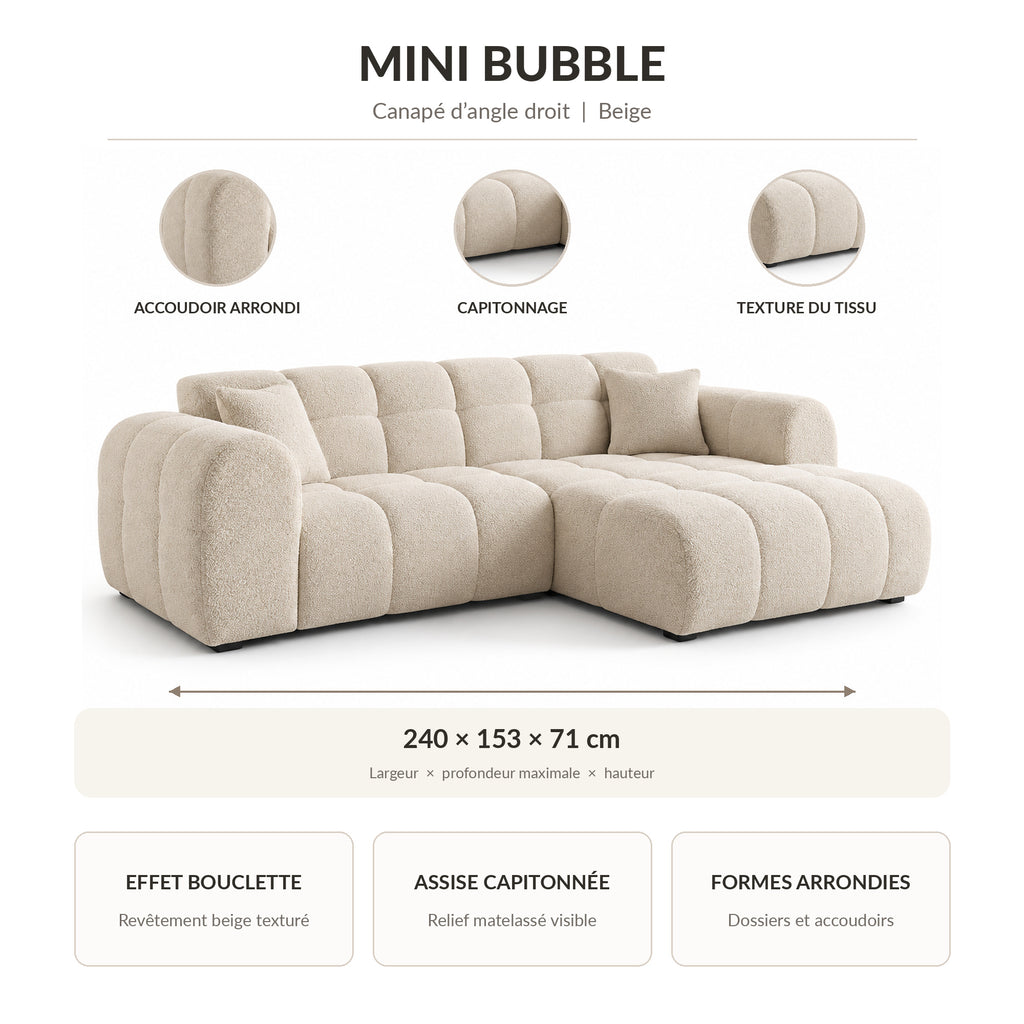 Canapé d’angle droit MINI BUBBLE en bouclette beige