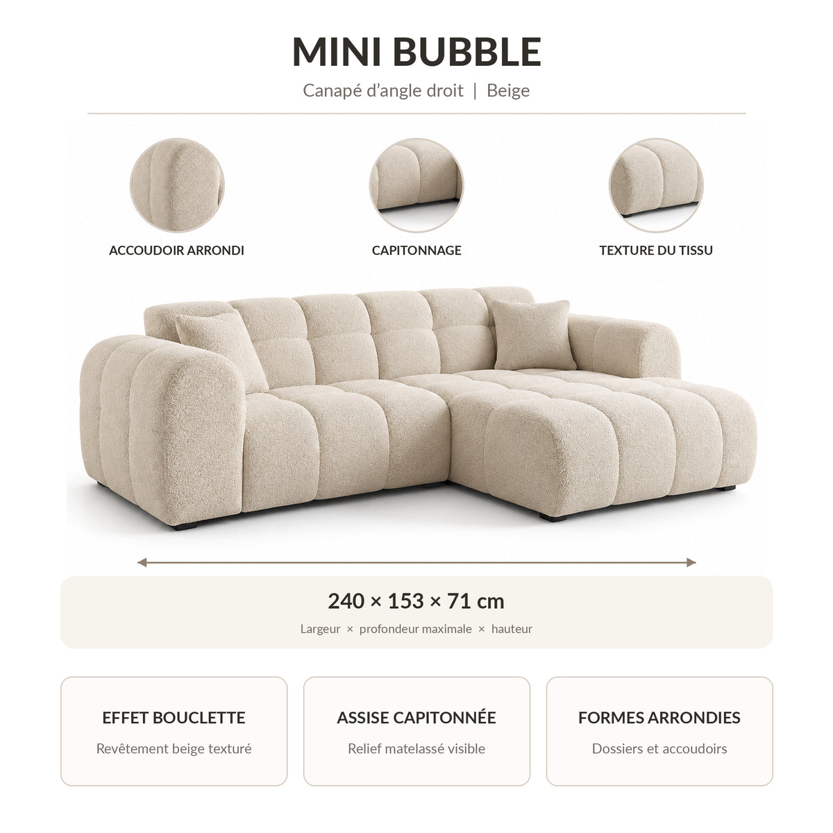 Canapé d’angle droit MINI BUBBLE en bouclette beige