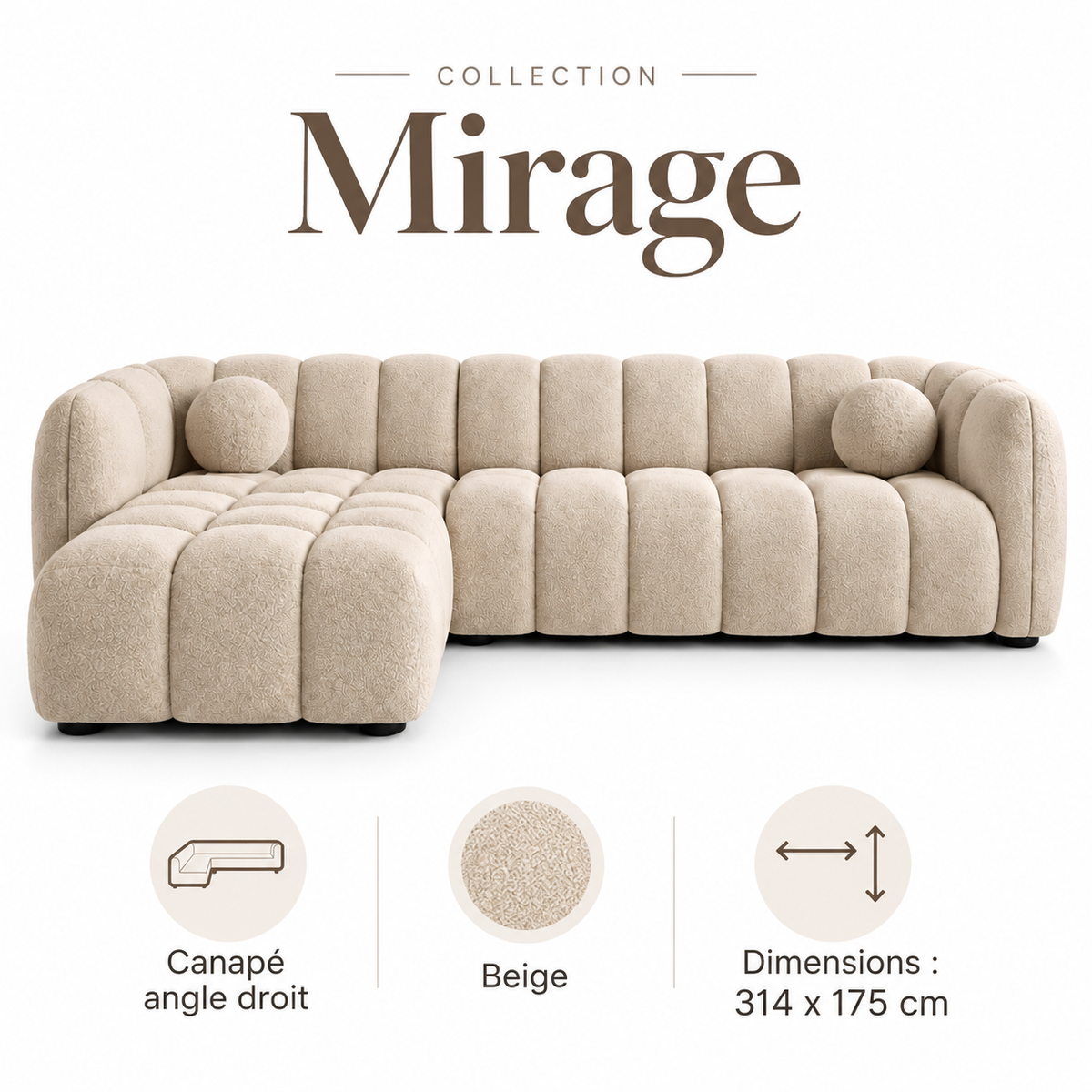 Canapé d’angle droit MIRAGE en tissu bouclé beige