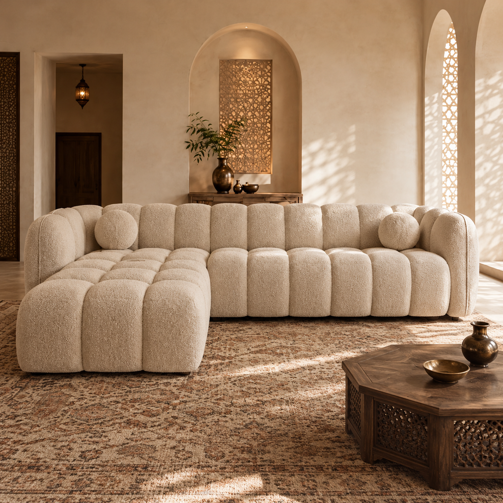 Canapé d’angle droit MIRAGE en tissu bouclé beige